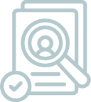 Icon of stack of paper with magnifying glass with check mark